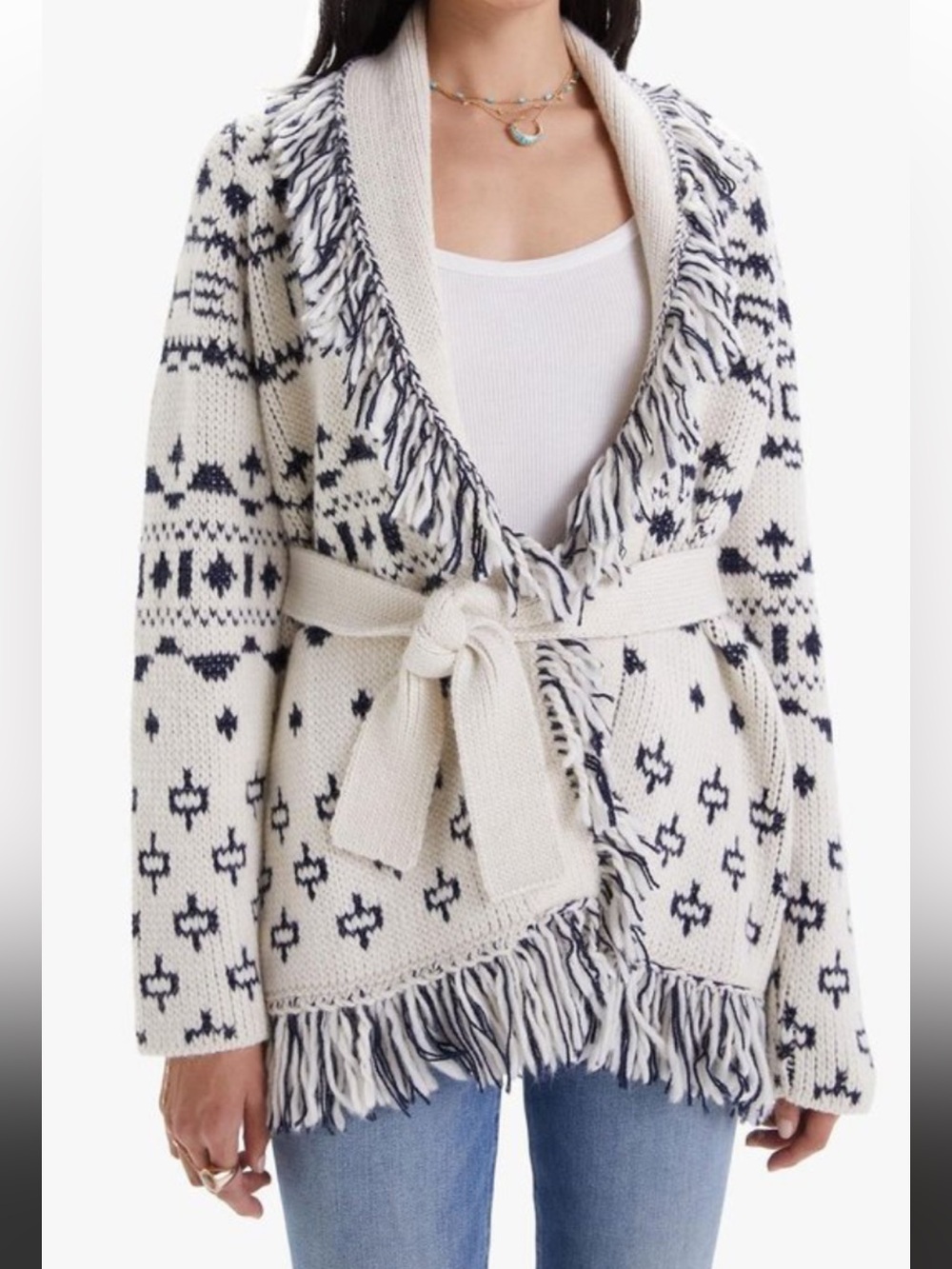 MOTHER, The Belted Short Cardigan, Ivory Black, Small